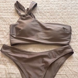 H&M Silver Luxe One Shoulder Double Strap Bikini Top & Cheeky Bottom NWOT